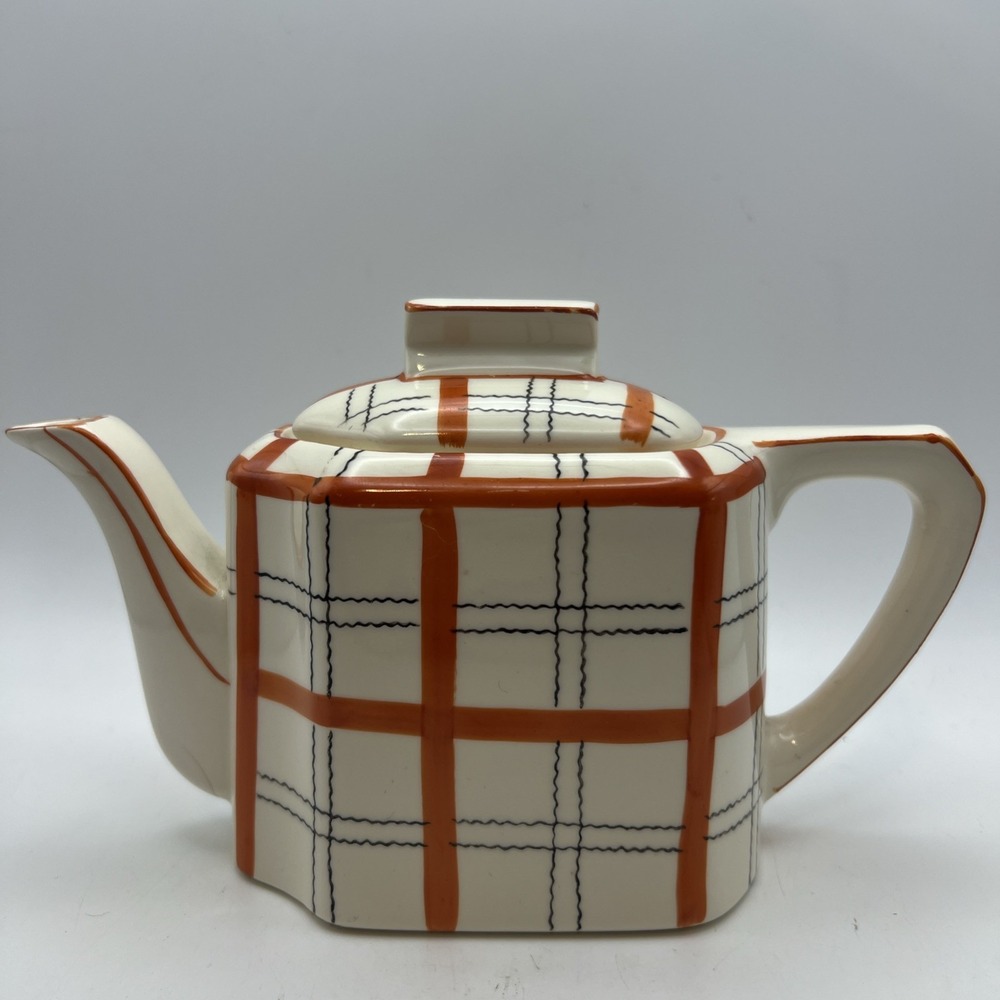 Vtg Gold Castle Japan Plaid Teapot Art Deco Orange Windowpane Check Spout Crack